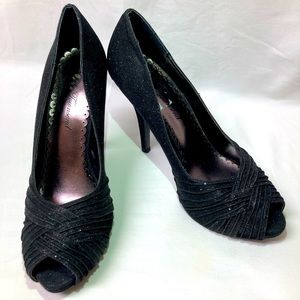 Lulu Thompson Black Sparkle Peep Toe Heels, size 9